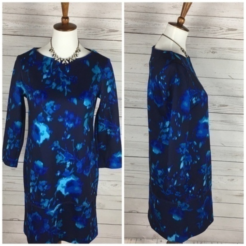 Daisy Fuentes Floral Print Stretch 3/4 Sleeve Shift Dress Contemporary Size S